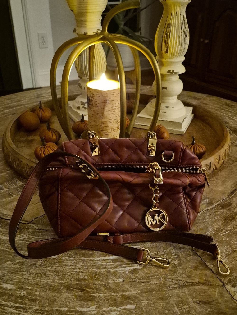 Michael Kors Burgundy Quilted Chain-Accent Handbag